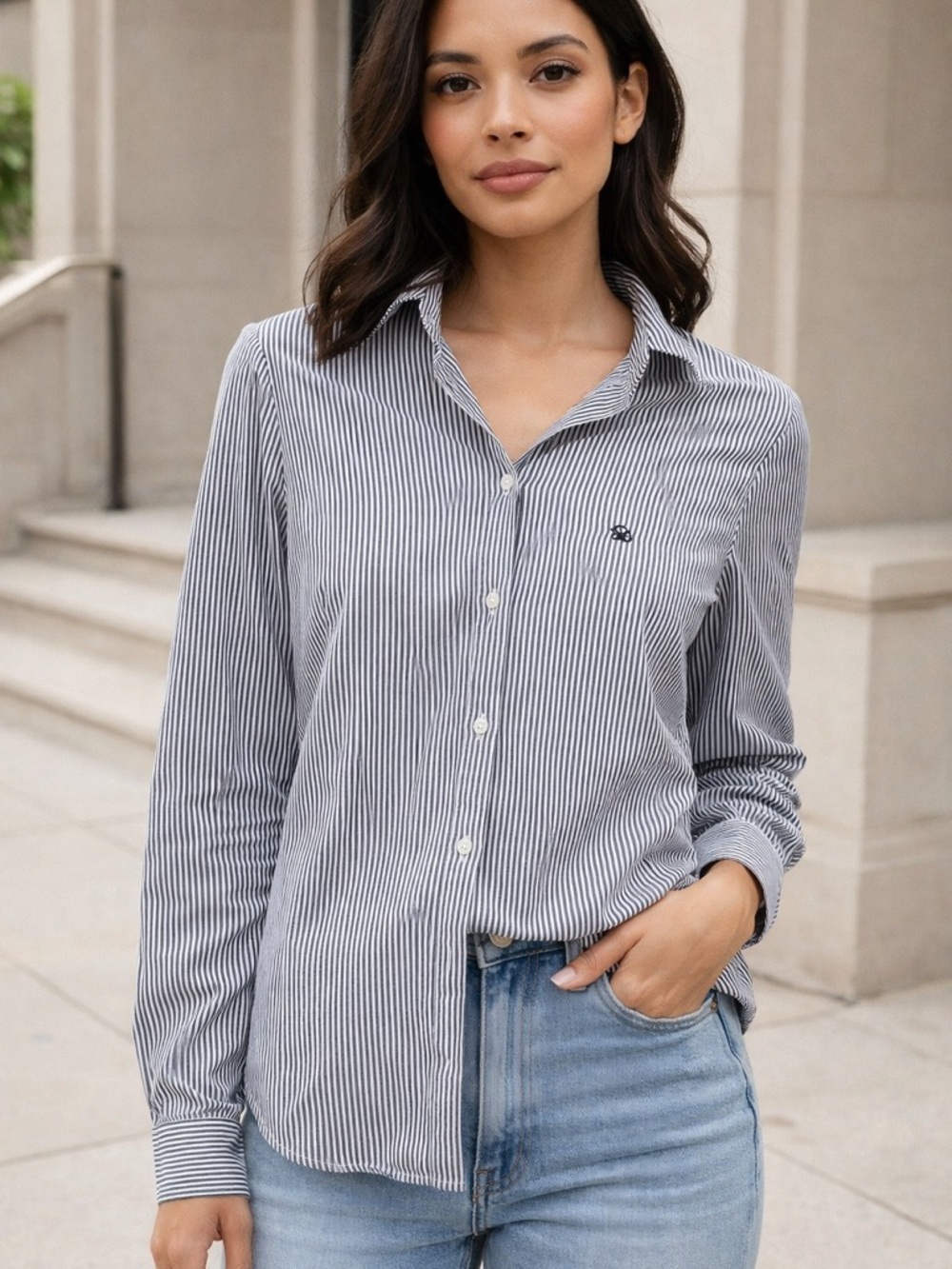 United Colors Of Benetton Navy and White Pinstripe Button-Down Shirt